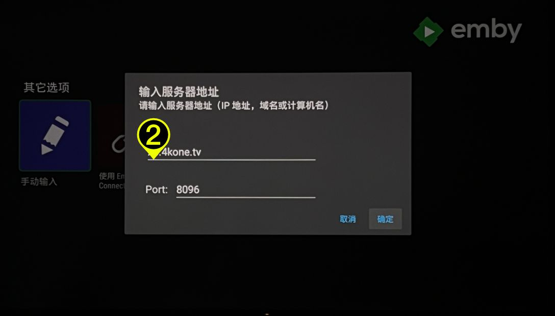 输入 Emby 服务器 IP 地址与端口号
